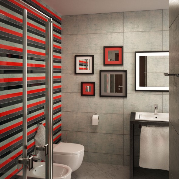 Wizualizacja 3d łazienki- widok na miskę ustępową, bidet, umywalkę i kabinę prysznicową